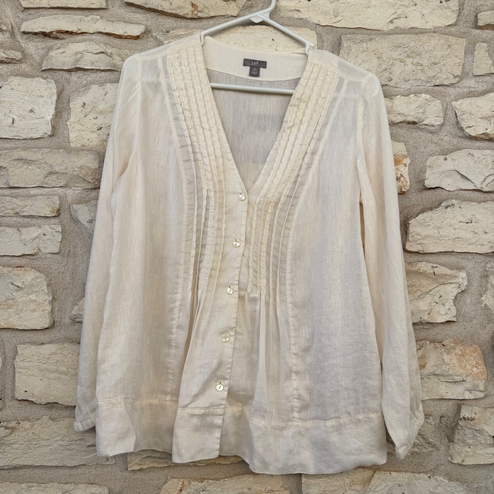 J. Jill Cream V-Neck Blouse Button Down Boho